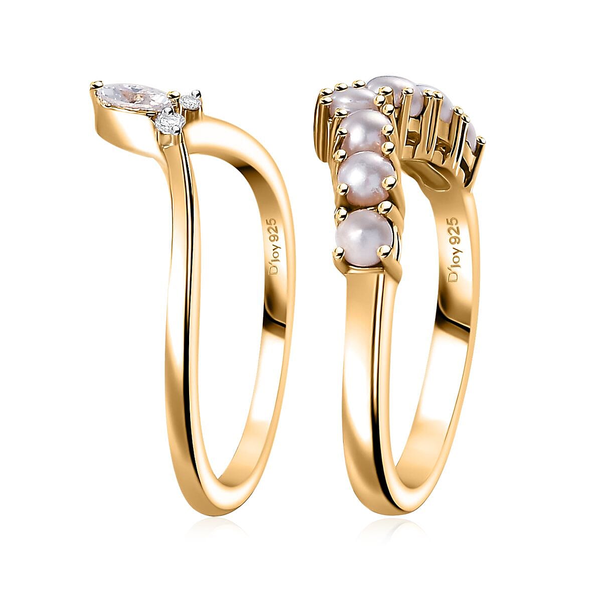 Freshwater Pearl and Moissanite 0.10 ctw Set of 2 Stackable Ring in Vermeil Yellow Gold Over Sterling Silver (Size 10.0)