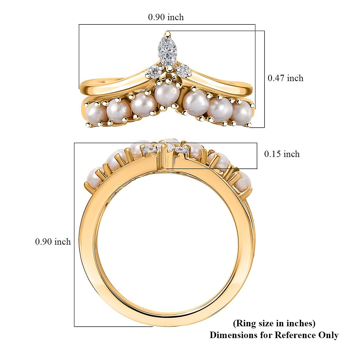 Freshwater Pearl and Moissanite 0.10 ctw Set of 2 Stackable Ring in Vermeil Yellow Gold Over Sterling Silver (Size 10.0)