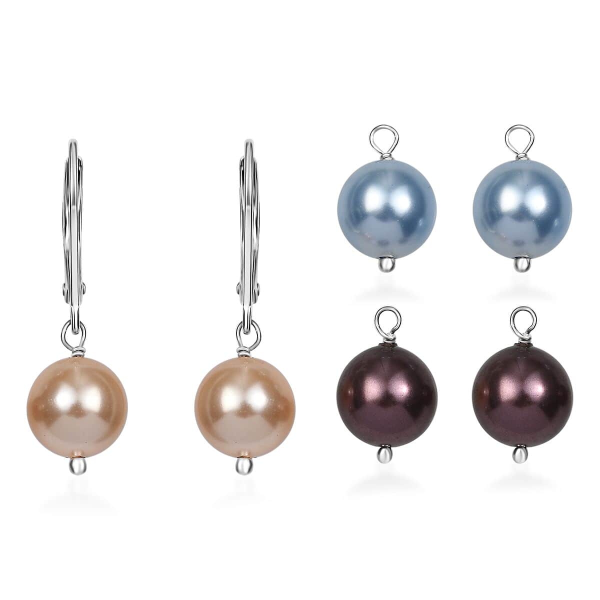 Set of 3 Light Blue Pearl, Rose Peach and White Crystal Earrings in Rhodium Over Sterling Silver image number 0