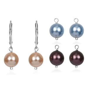 Set of 3 Light Blue Pearl, Rose Peach and White Crystal Earrings in Rhodium Over Sterling Silver