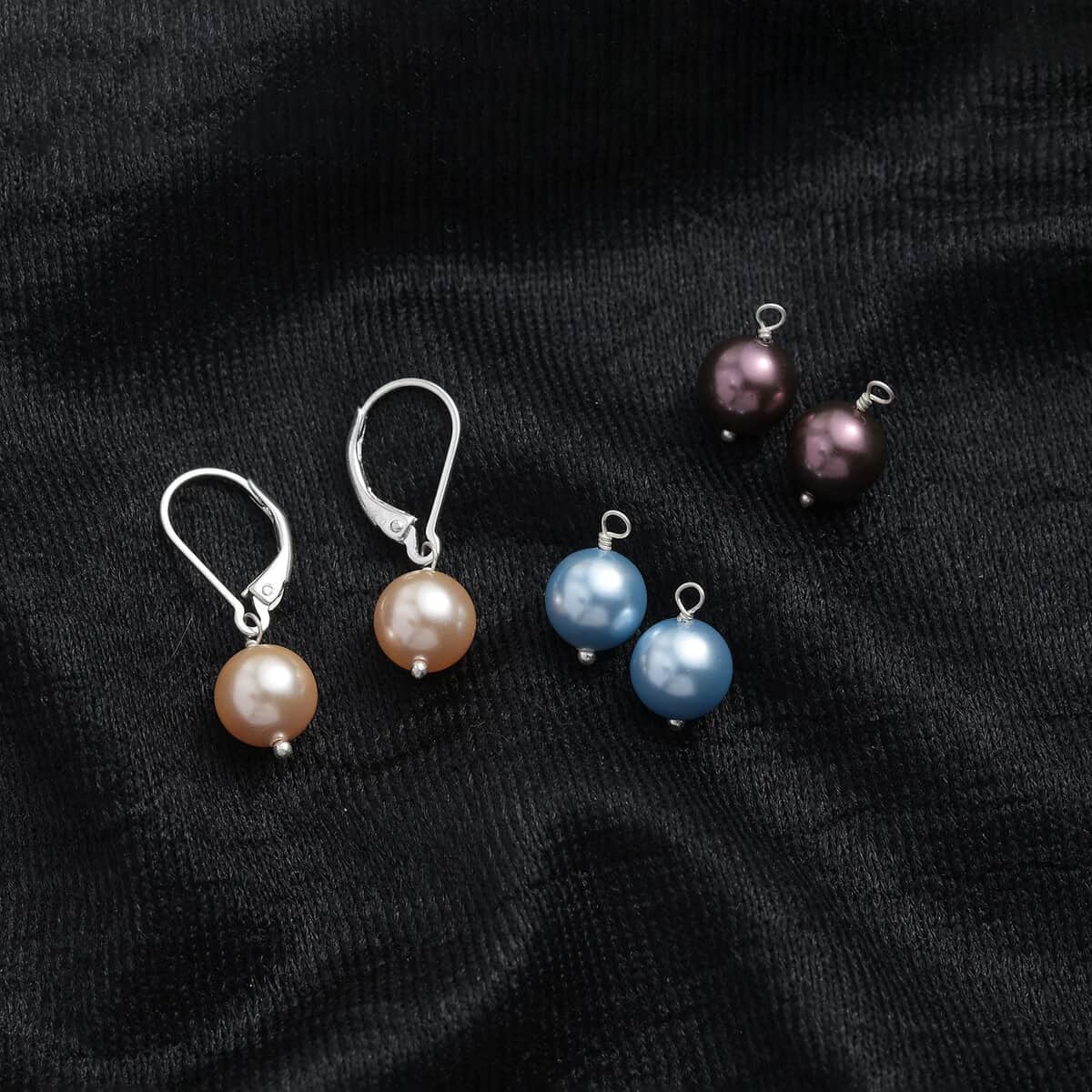 Set of 3 Light Blue Pearl, Rose Peach and White Crystal Earrings in Rhodium Over Sterling Silver image number 1