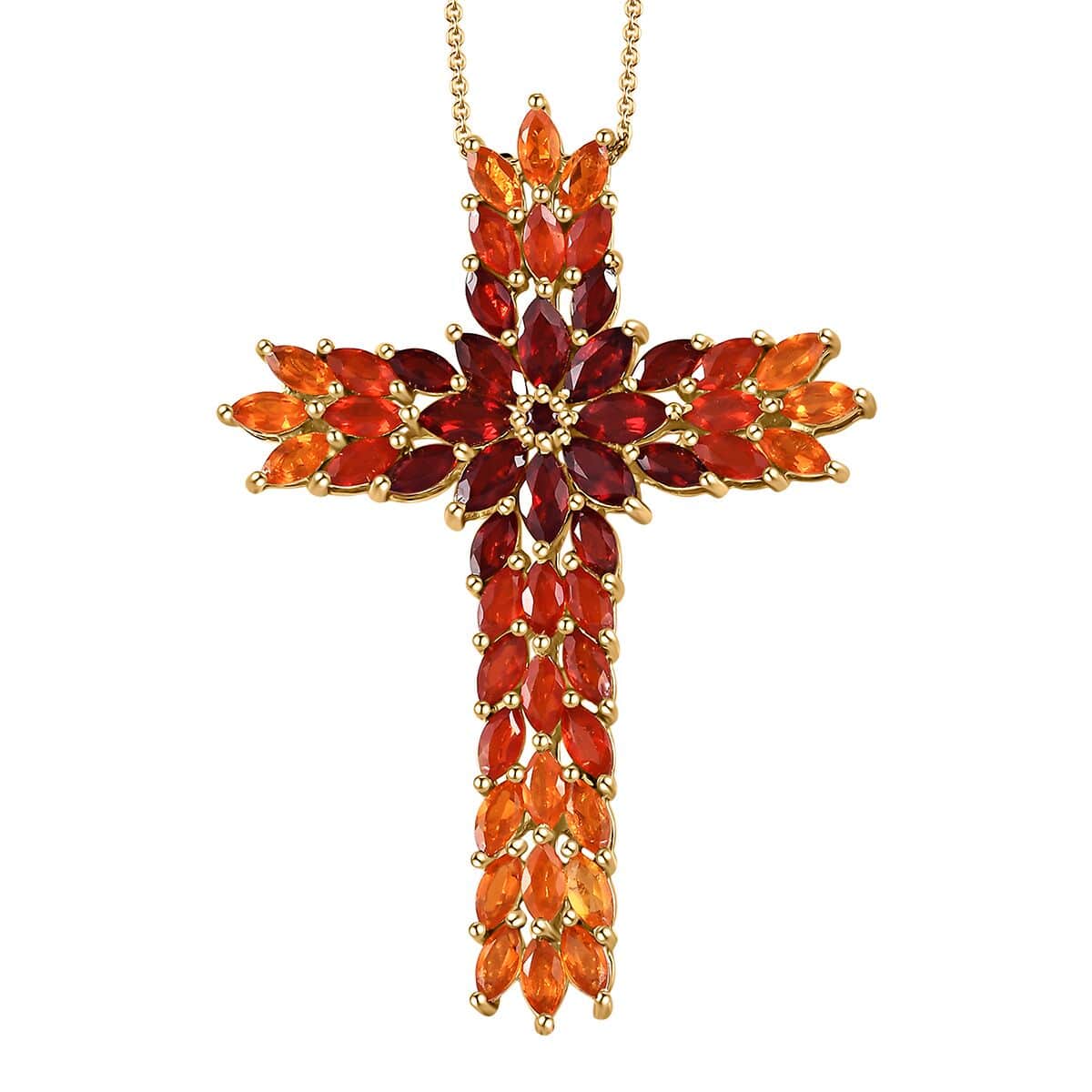 Shade of Fire Opal Floral Cross Pendant Necklace 20 Inches in Vermeil Yellow Gold Over Sterling Silver 5.15 ctw image number 0