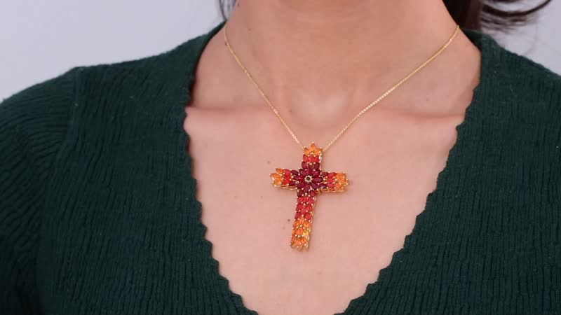 Shade of Fire Opal Floral Cross Pendant Necklace 20 Inches in Vermeil Yellow Gold Over Sterling Silver 5.15 ctw