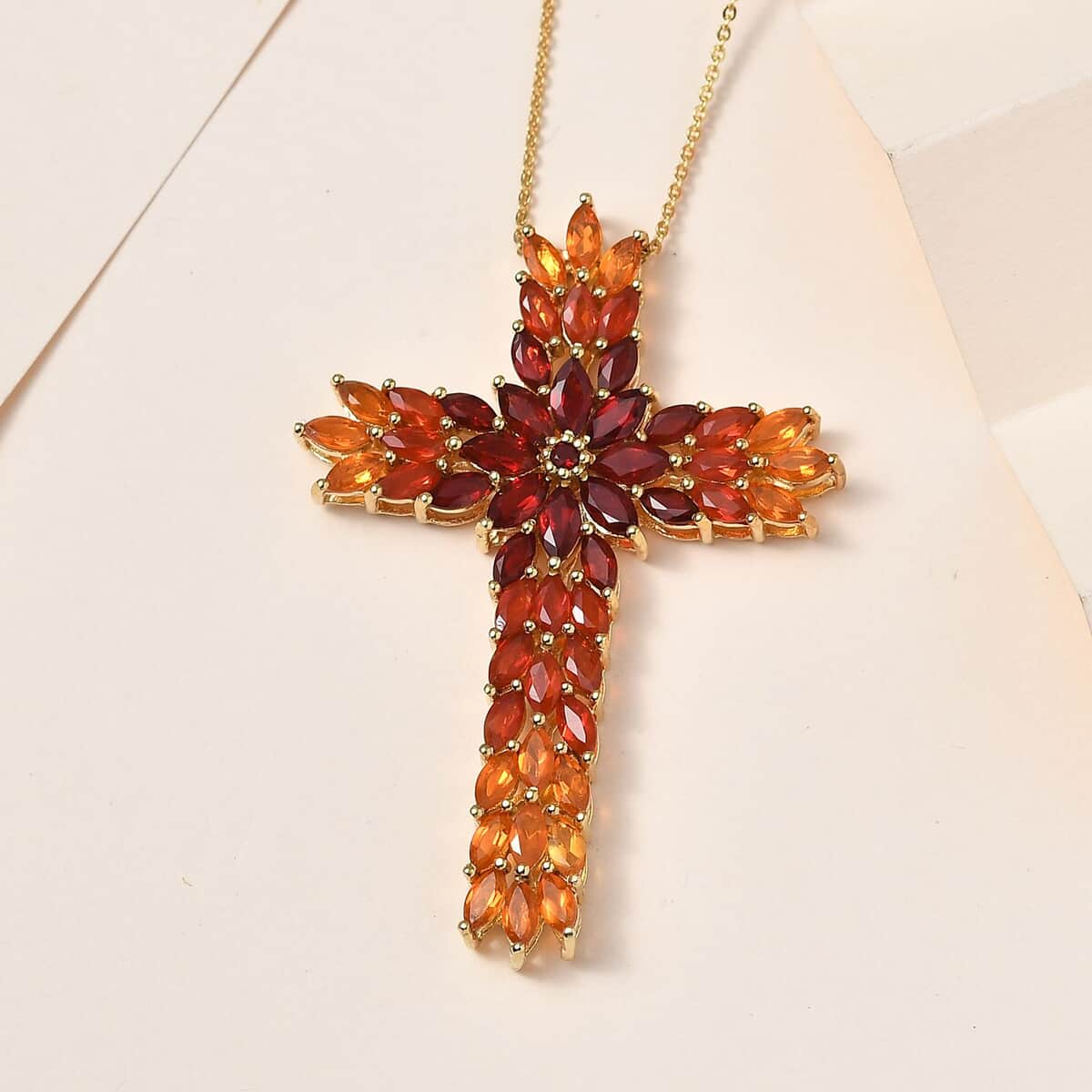 Shade of Fire Opal Floral Cross Pendant Necklace 20 Inches in Vermeil Yellow Gold Over Sterling Silver 5.15 ctw image number 1
