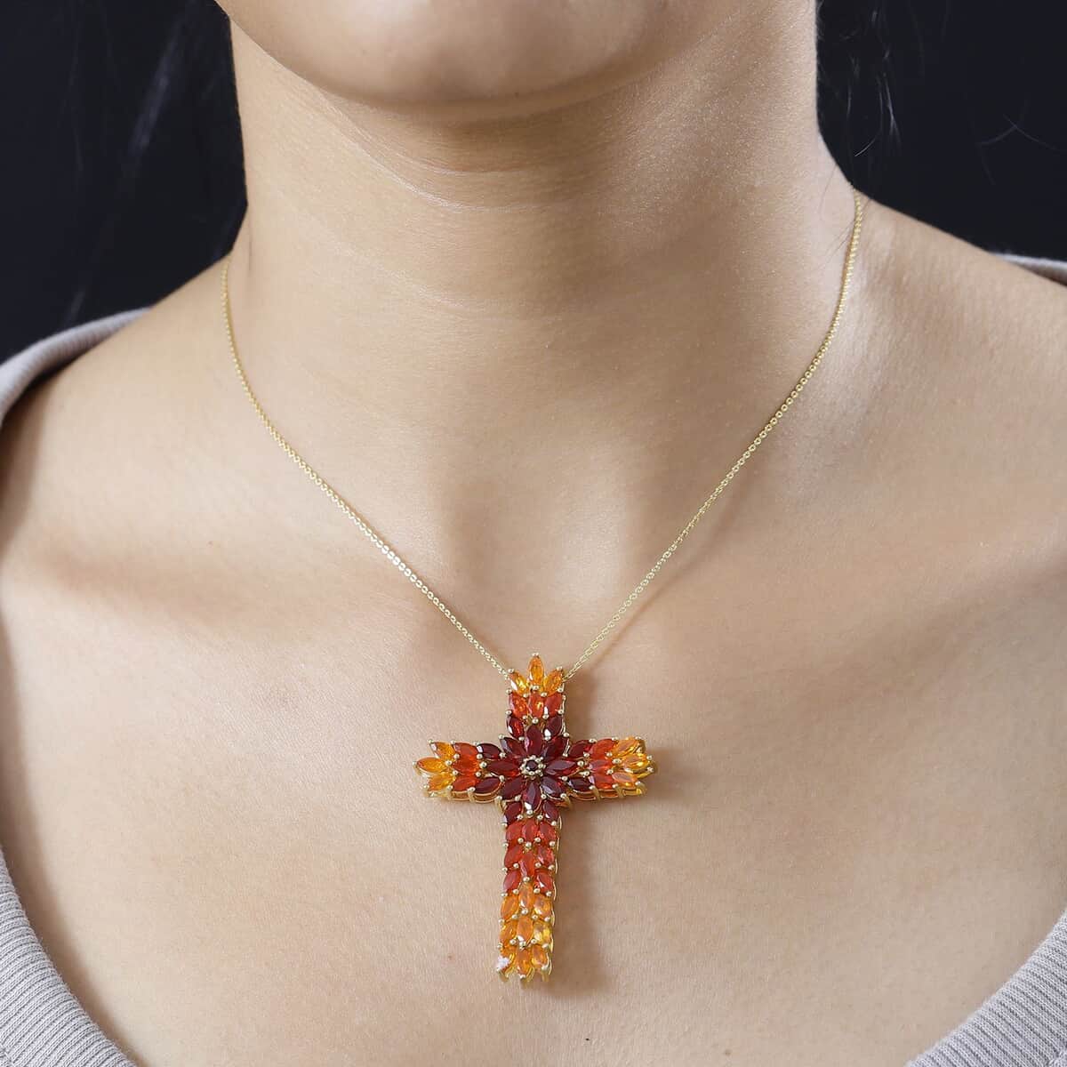 Shade of Fire Opal Floral Cross Pendant Necklace 20 Inches in Vermeil Yellow Gold Over Sterling Silver 5.15 ctw image number 2