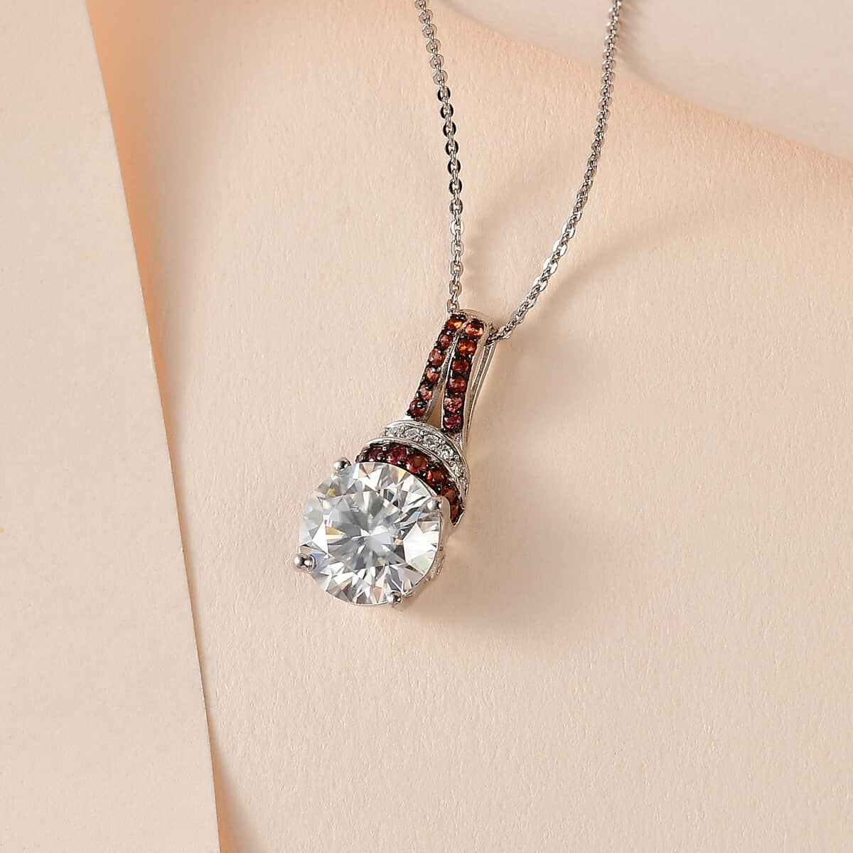 TLV Moissanite (Rnd 10 mm), Red Sapphire Pendant Necklace (20 Inches) in Platinum Over Sterling Silver 4.50 ctw image number 1