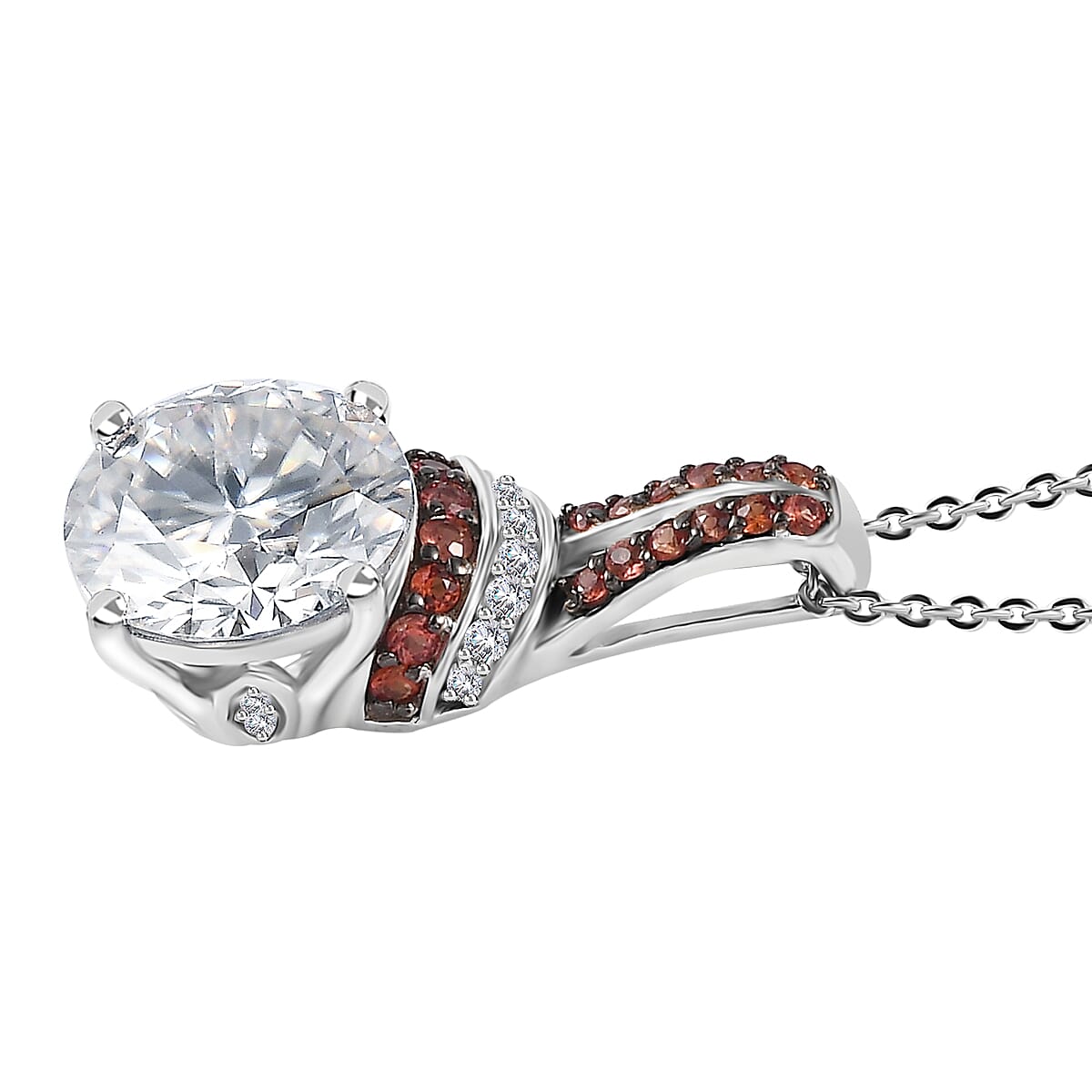 Moissanite and Red Sapphire Pendant Necklace 20 Inches in Platinum Over Sterling Silver 4.50 ctw