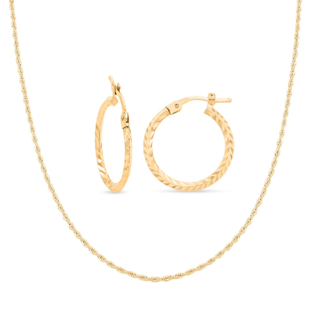 14K Yellow Gold 1.50mm Rope Chain Necklace 22 Inches and Diamond-Cut Hoop Earrings 3 Grams image number 0