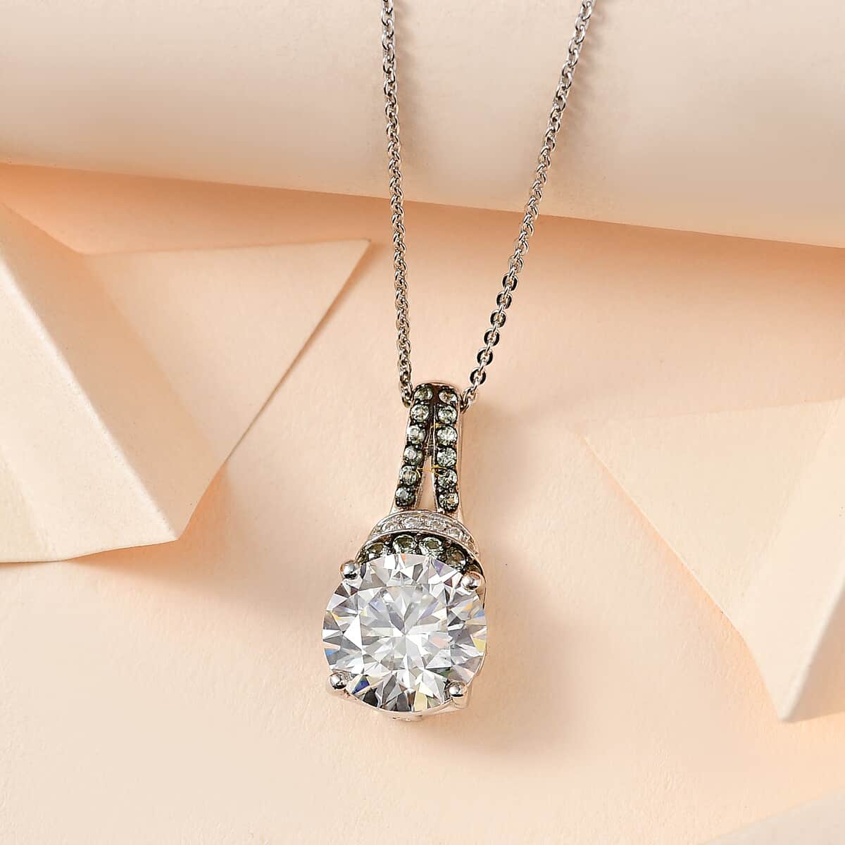 Moissanite and Green Sapphire Pendant Necklace 20 Inches in Platinum Over Sterling Silver 4.50 ctw image number 1