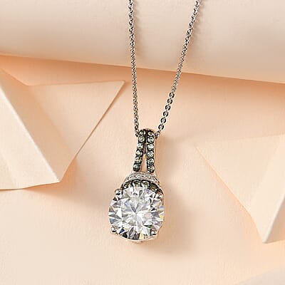 Moissanite and Green Sapphire Pendant Necklace 20 Inches in Platinum Over Sterling Silver 4.50 ctw
