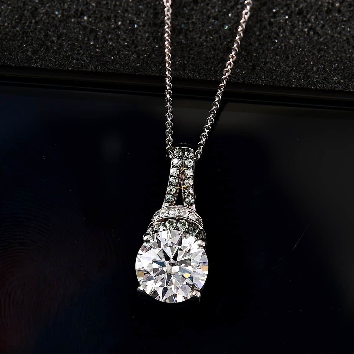 Moissanite and Green Sapphire Pendant Necklace 20 Inches in Platinum Over Sterling Silver 4.50 ctw image number 2