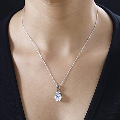 Moissanite and Green Sapphire Pendant Necklace 20 Inches in Platinum Over Sterling Silver 4.50 ctw