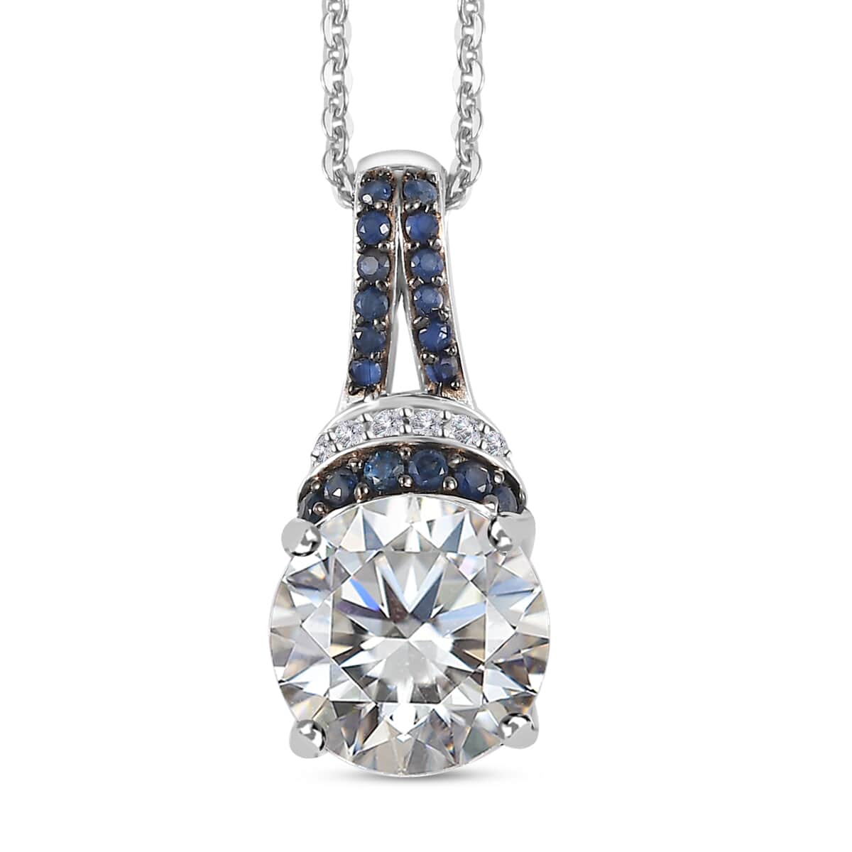 Moissanite and Kanchanaburi Blue Sapphire Pendant Necklace 20 Inches in Platinum Over Sterling Silver 4.50 ctw image number 0