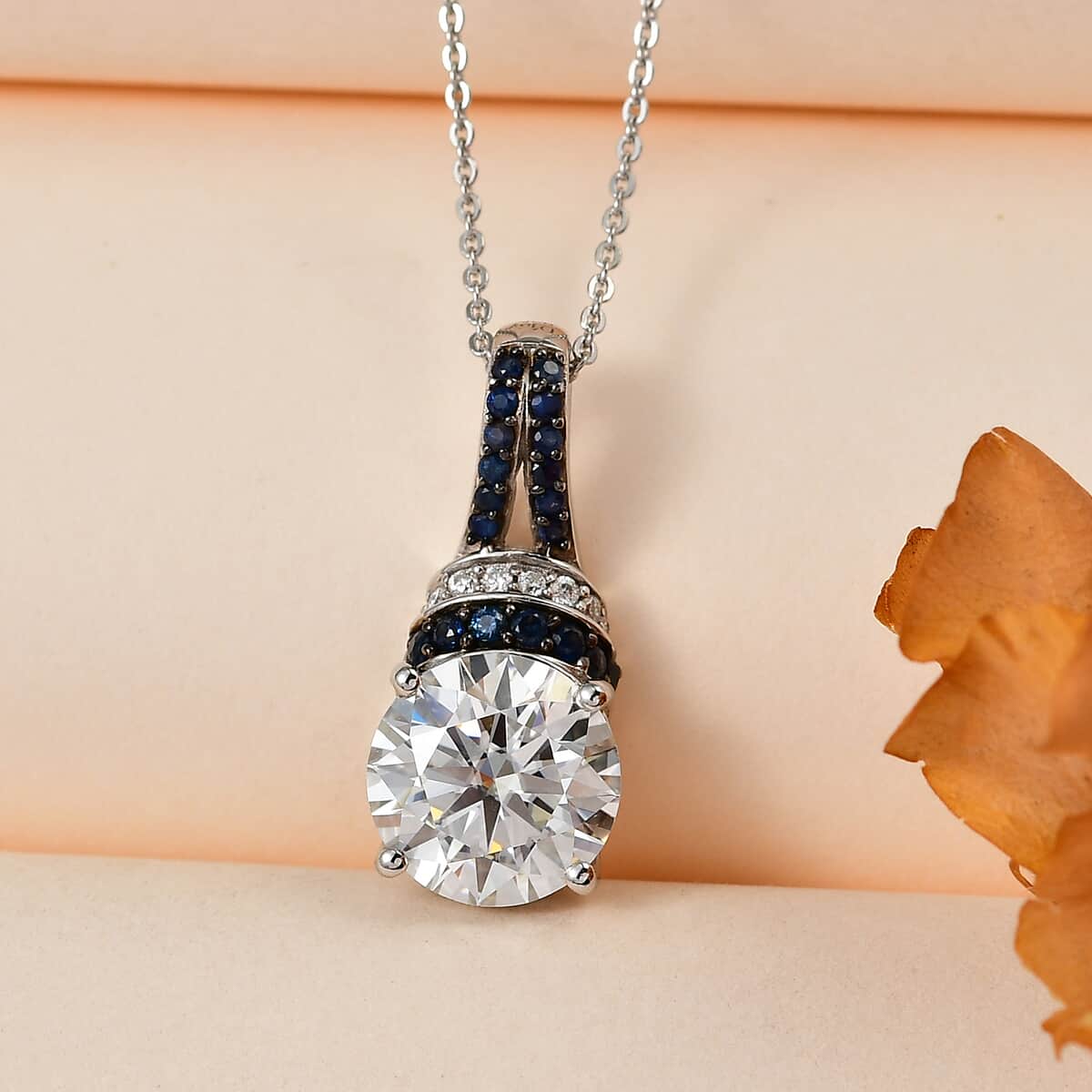 Moissanite and Kanchanaburi Blue Sapphire Pendant Necklace 20 Inches in Platinum Over Sterling Silver 4.50 ctw image number 1