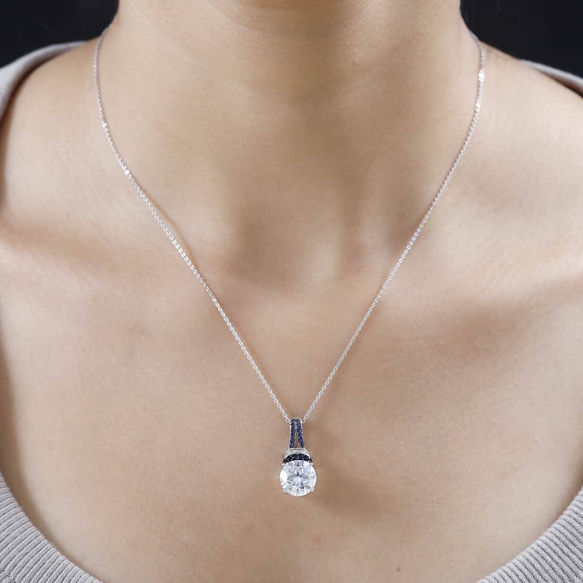 Moissanite and Kanchanaburi Blue Sapphire Pendant Necklace 20 Inches in Platinum Over Sterling Silver 4.50 ctw image number 2