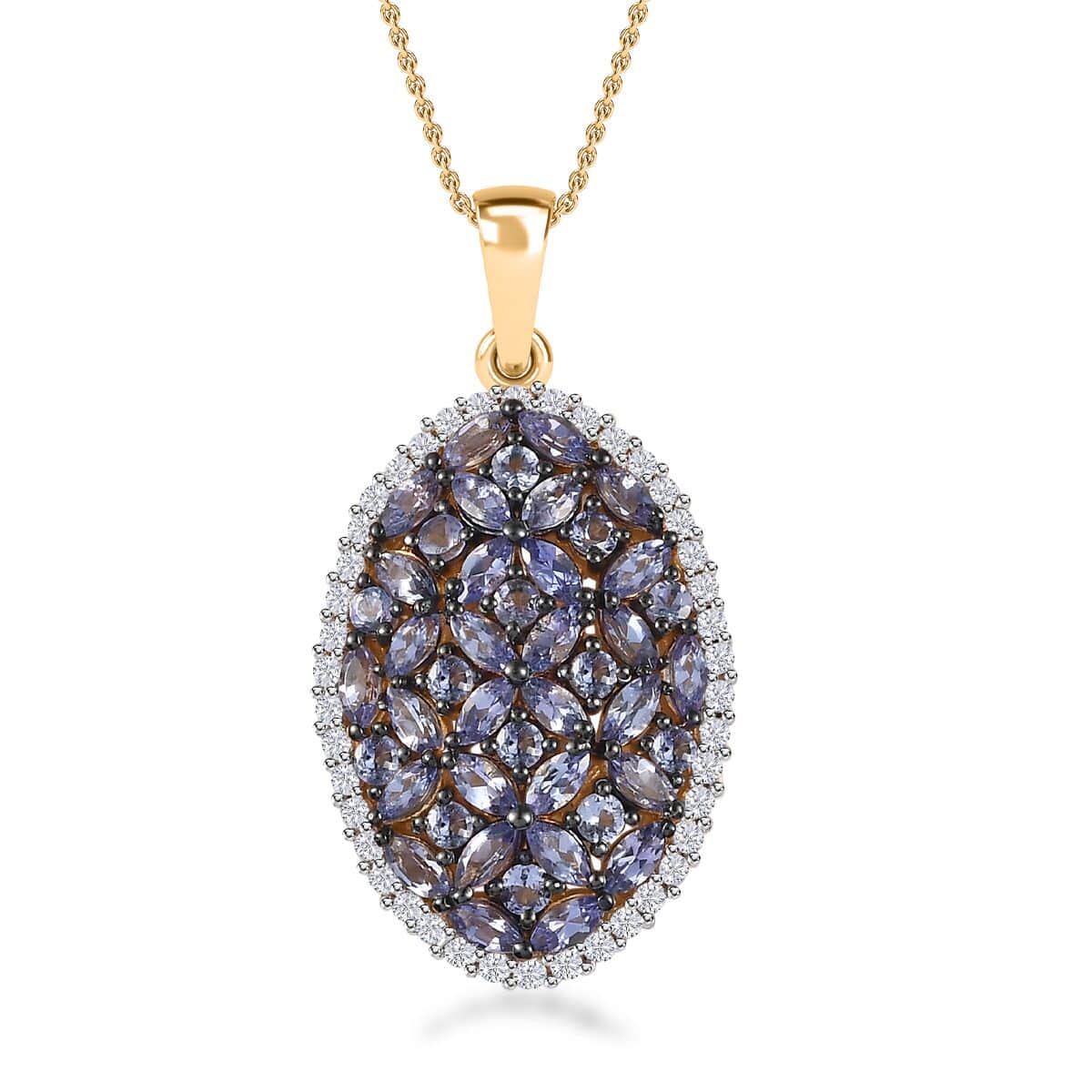 Tanzanite and White Zircon Cluster Pendant Necklace 20 Inches in Vermeil Yellow Gold Over Sterling Silver 4.25 ctw image number 0