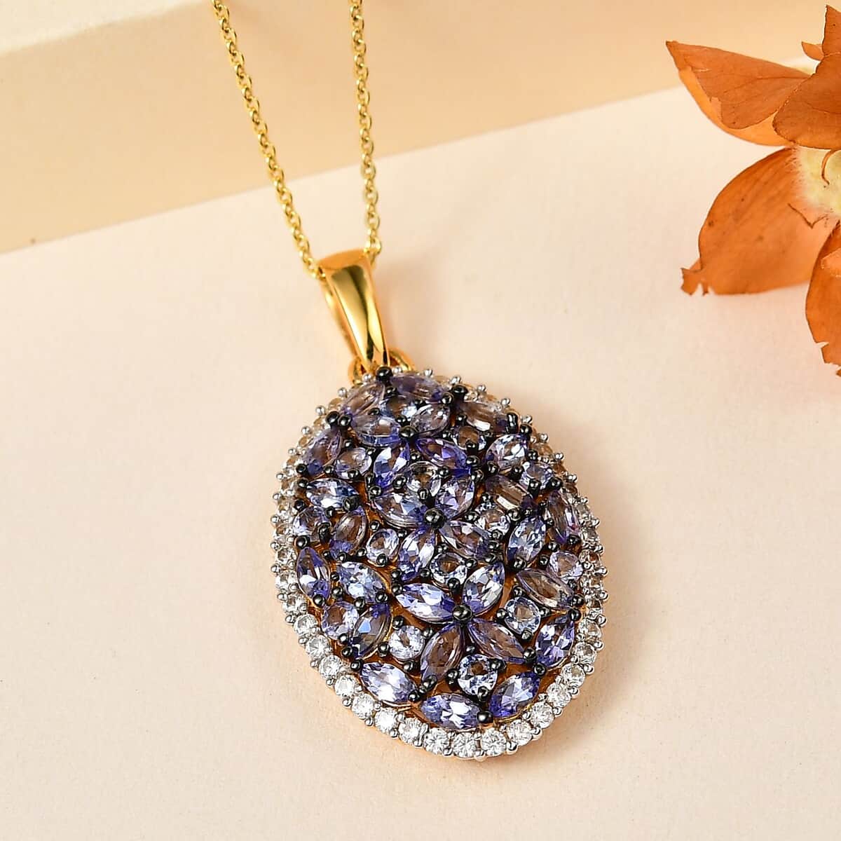 Tanzanite and White Zircon Cluster Pendant Necklace 20 Inches in Vermeil Yellow Gold Over Sterling Silver 4.25 ctw image number 1