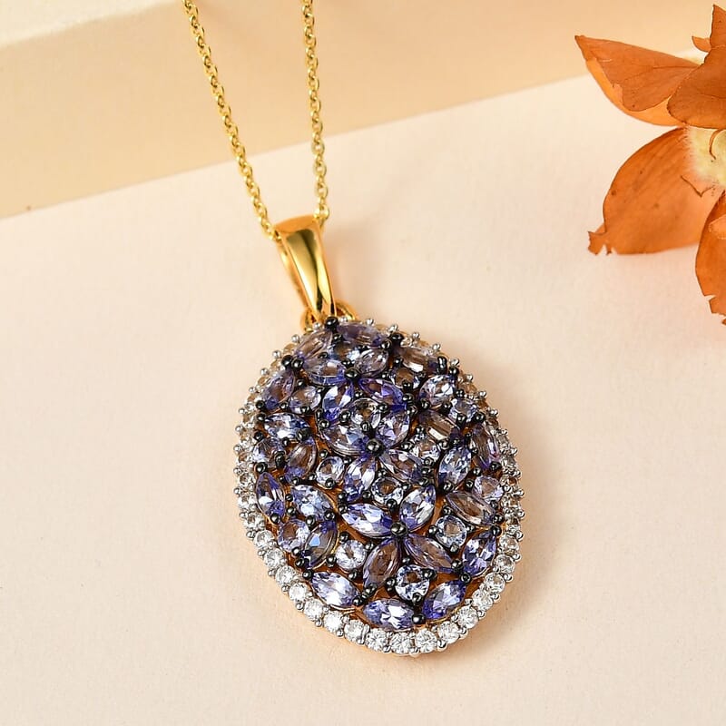 Tanzanite and White Zircon Cluster Pendant Necklace 20 Inches in Vermeil Yellow Gold Over Sterling Silver 4.25 ctw