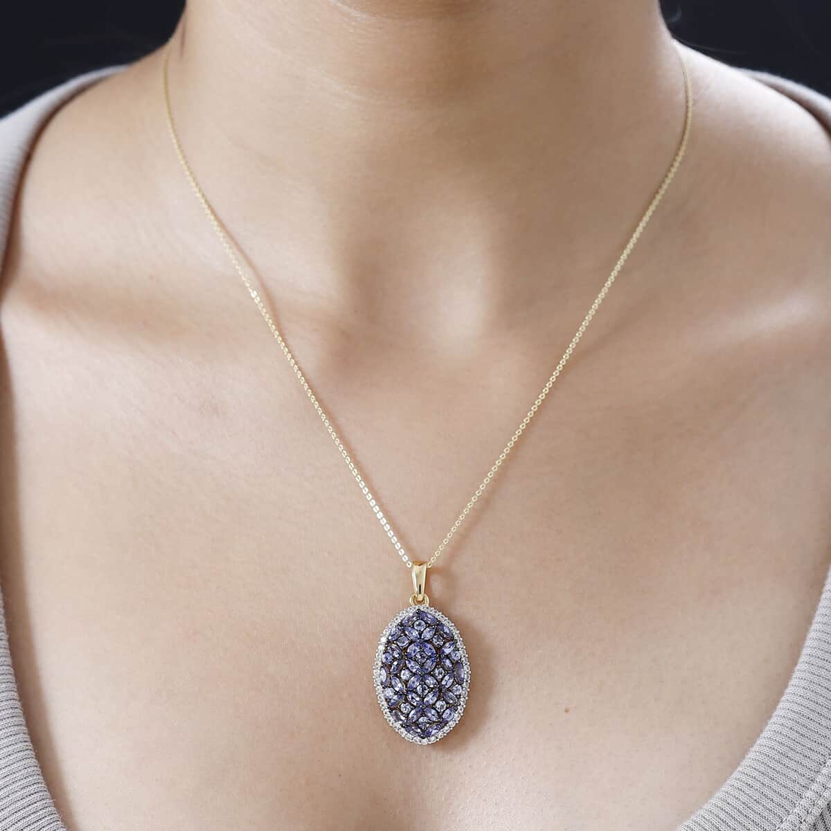 Tanzanite and White Zircon Cluster Pendant Necklace 20 Inches in Vermeil Yellow Gold Over Sterling Silver 4.25 ctw image number 2