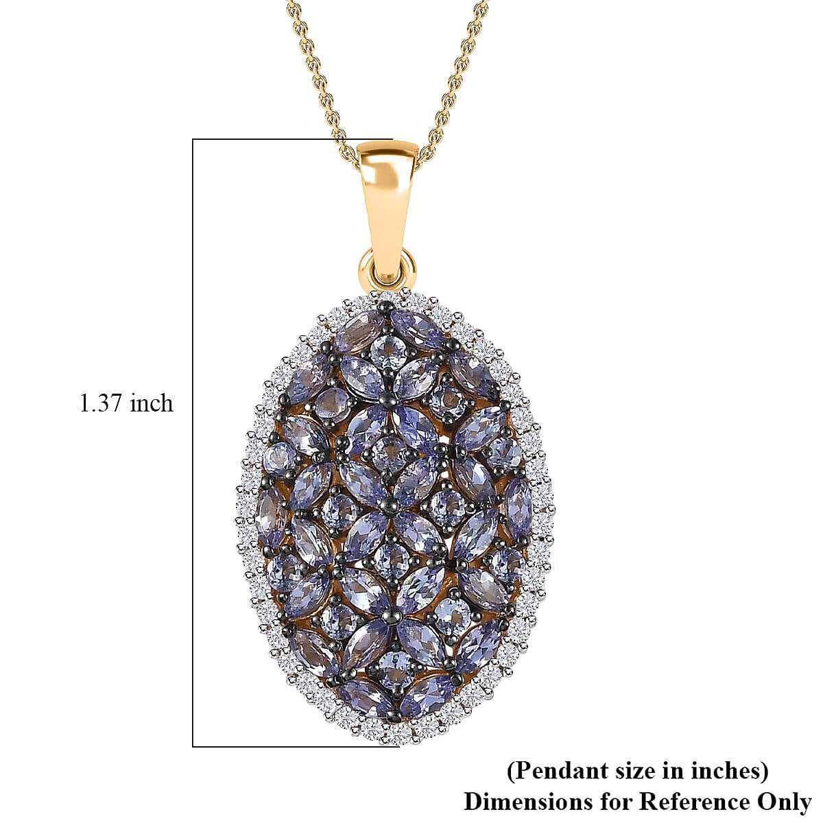 Tanzanite and White Zircon Cluster Pendant Necklace 20 Inches in Vermeil Yellow Gold Over Sterling Silver 4.25 ctw