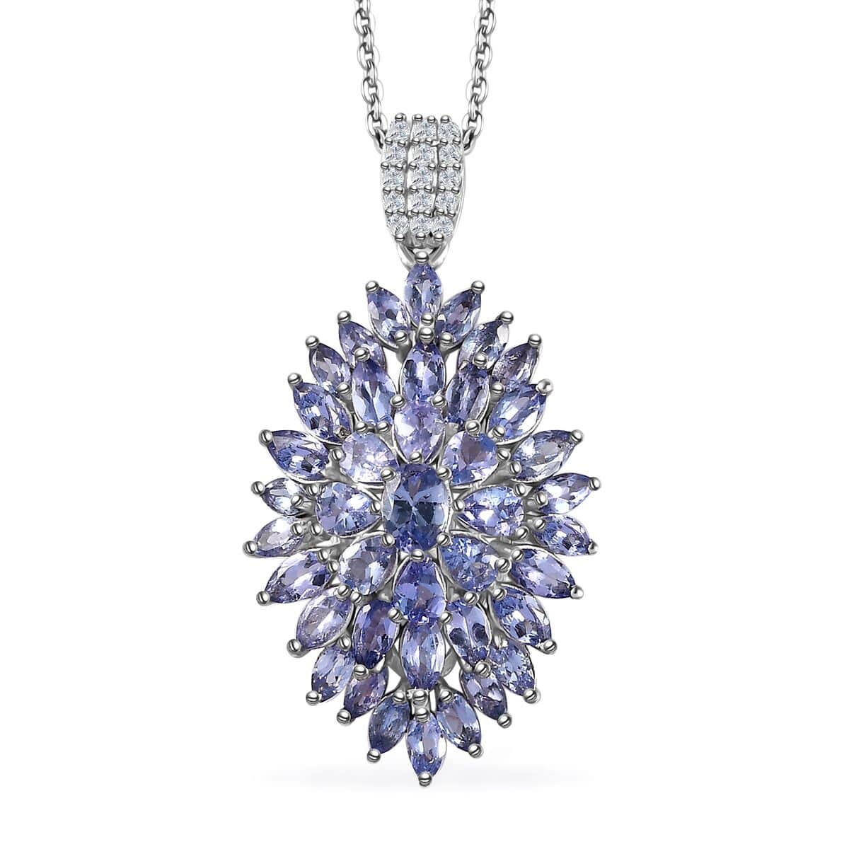 Tanzanite and White Zircon Dahlia Floral Spray Pendant Necklace 20 Inches in Platinum Over Sterling Silver 4.85 ctw image number 0