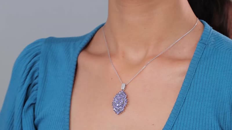 Tanzanite and White Zircon Dahlia Floral Spray Pendant Necklace 20 Inches in Platinum Over Sterling Silver 4.85 ctw