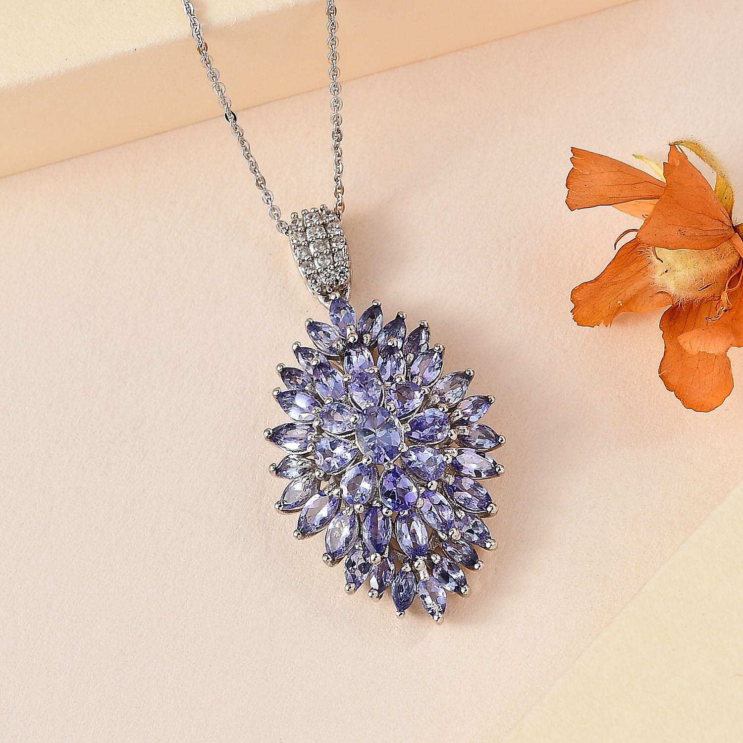 Tanzanite and White Zircon Dahlia Floral Spray Pendant Necklace 20 Inches in Platinum Over Sterling Silver 4.85 ctw