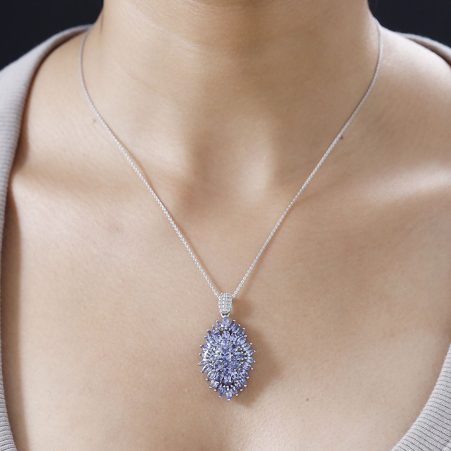 Tanzanite and White Zircon Dahlia Floral Spray Pendant Necklace 20 Inches in Platinum Over Sterling Silver 4.85 ctw