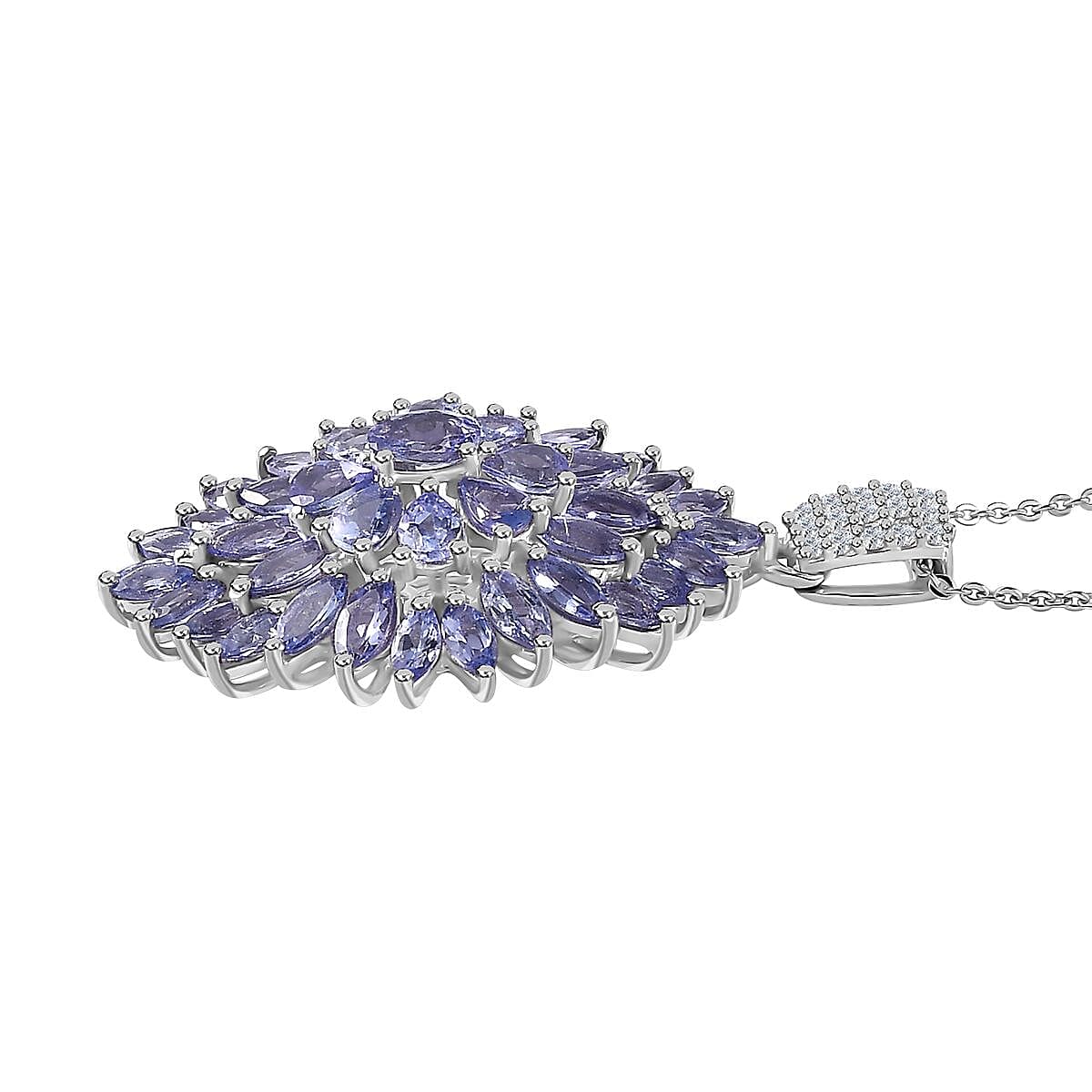 Tanzanite and White Zircon Dahlia Floral Spray Pendant Necklace 20 Inches in Platinum Over Sterling Silver 4.85 ctw