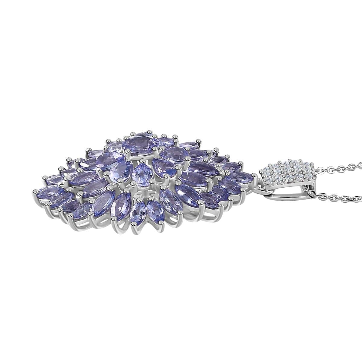 Tanzanite and White Zircon Dahlia Floral Spray Pendant Necklace 20 Inches in Platinum Over Sterling Silver 4.85 ctw image number 3