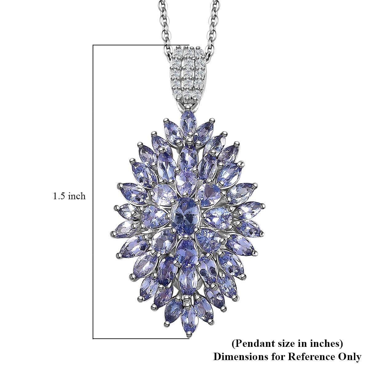 Tanzanite and White Zircon Dahlia Floral Spray Pendant Necklace 20 Inches in Platinum Over Sterling Silver 4.85 ctw