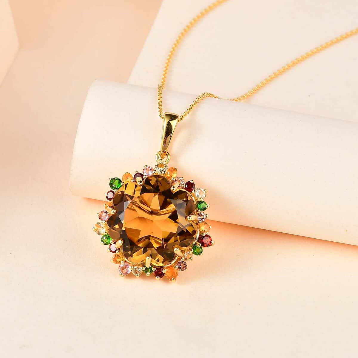 TLV Flower Cut Brazilian Citrine, Multi Gemstone Pendant Necklace (20 Inches) in Vermeil YG Over Sterling Silver 22.40 ctw image number 1