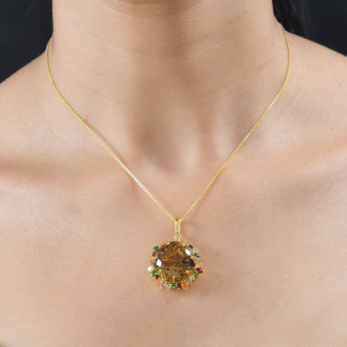 Blossom Cut Brazilian Citrine and Multi Gemstone Pendant Necklace 20 Inches in Vermeil Yellow Gold Over Sterling Silver 22.40 ctw image number 2
