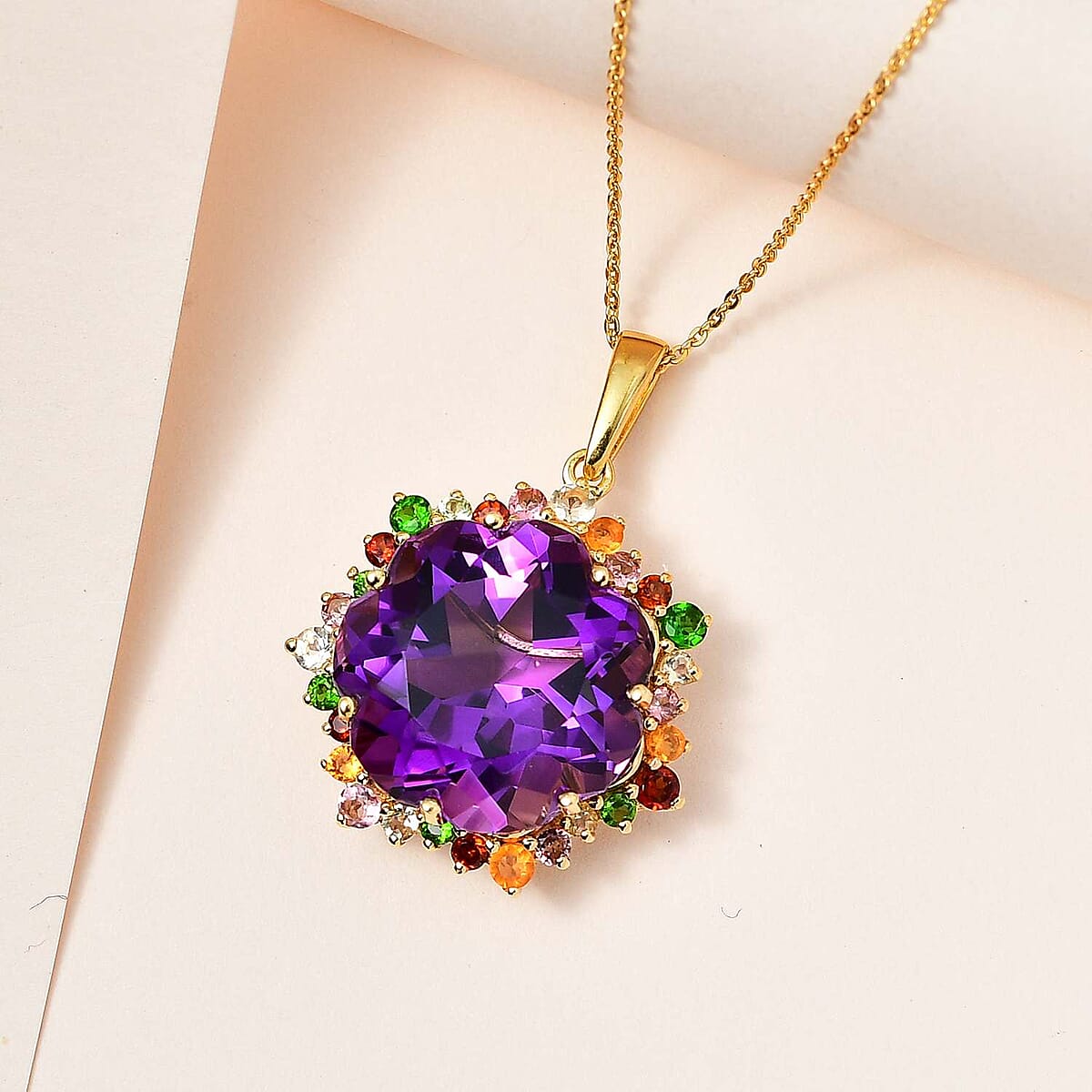 Blossom Cut African Amethyst and Multi Gemstone Pendant Necklace 20 Inches in Vermeil Yellow Gold Over Sterling Silver 20.00 ctw image number 1
