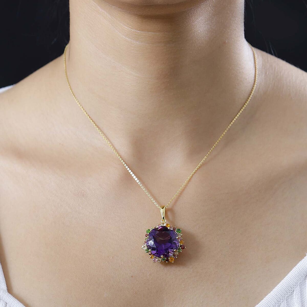 Blossom Cut African Amethyst and Multi Gemstone Pendant Necklace 20 Inches in Vermeil Yellow Gold Over Sterling Silver 20.00 ctw image number 2