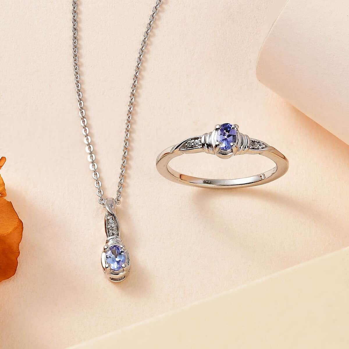Tanzanite and White Zircon Ring (Size 5.0), Pendant Necklace 20 Inches in Platinum Over Sterling Silver 0.35 ctw image number 1