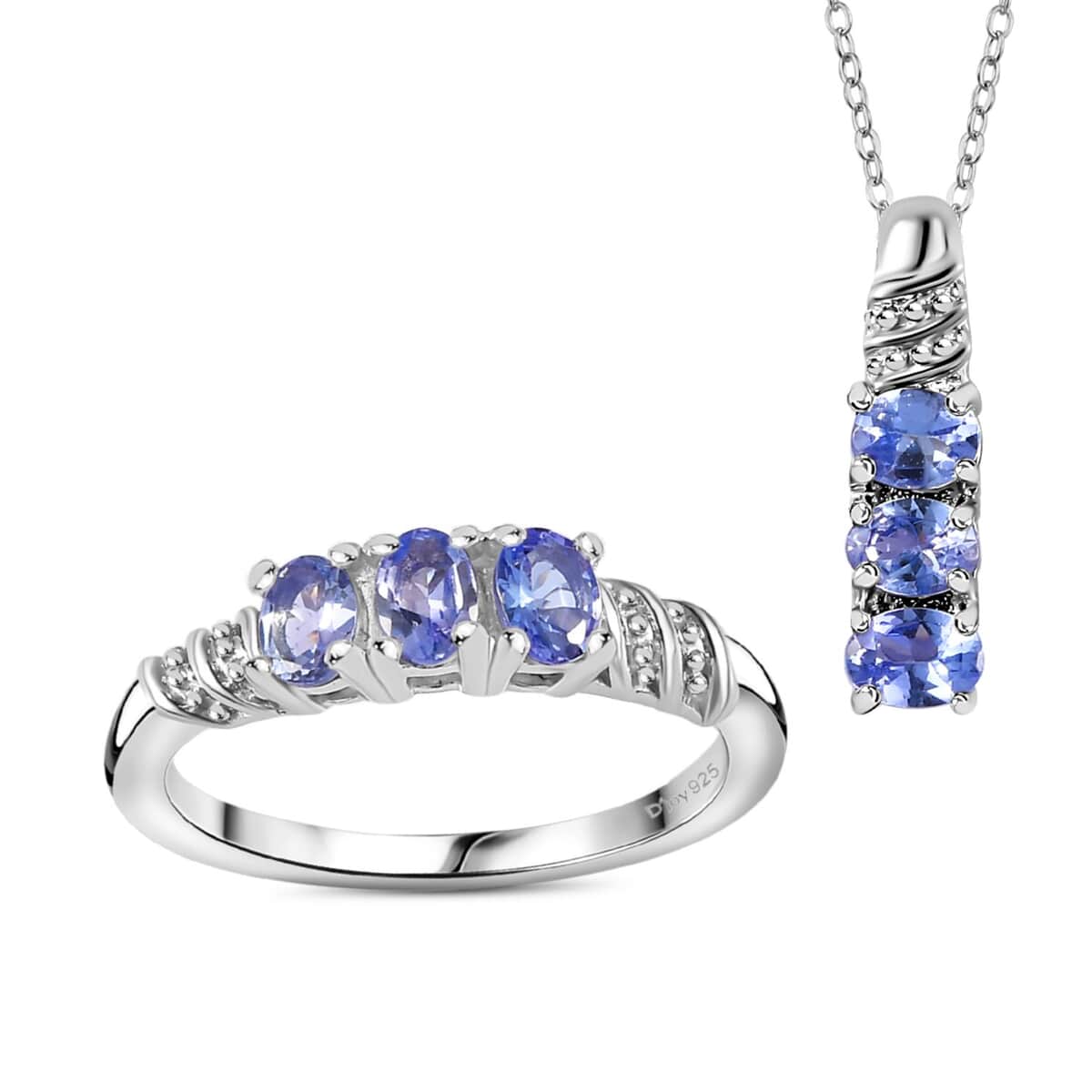 Tanzanite 3 Stone Ring (Size 5.0) and Pendant Necklace 20 Inches in Platinum Over Sterling Silver 1.00 ctw image number 0