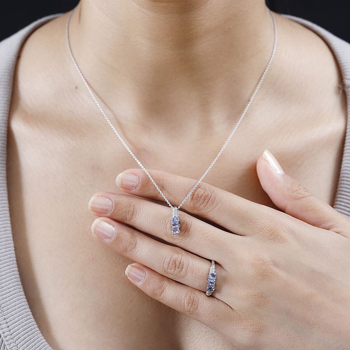 Tanzanite 3 Stone Ring (Size 8.0) and Pendant Necklace 20 Inches in Platinum Over Sterling Silver 1.00 ctw image number 1