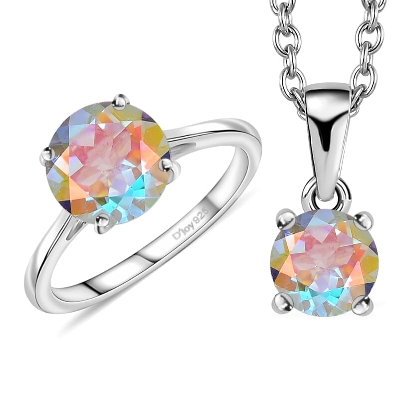 Mercury Mystic Topaz Solitaire Ring (Size 5.0) and Pendant Necklace 20 Inches in Platinum Over Sterling Silver 4.25 ctw