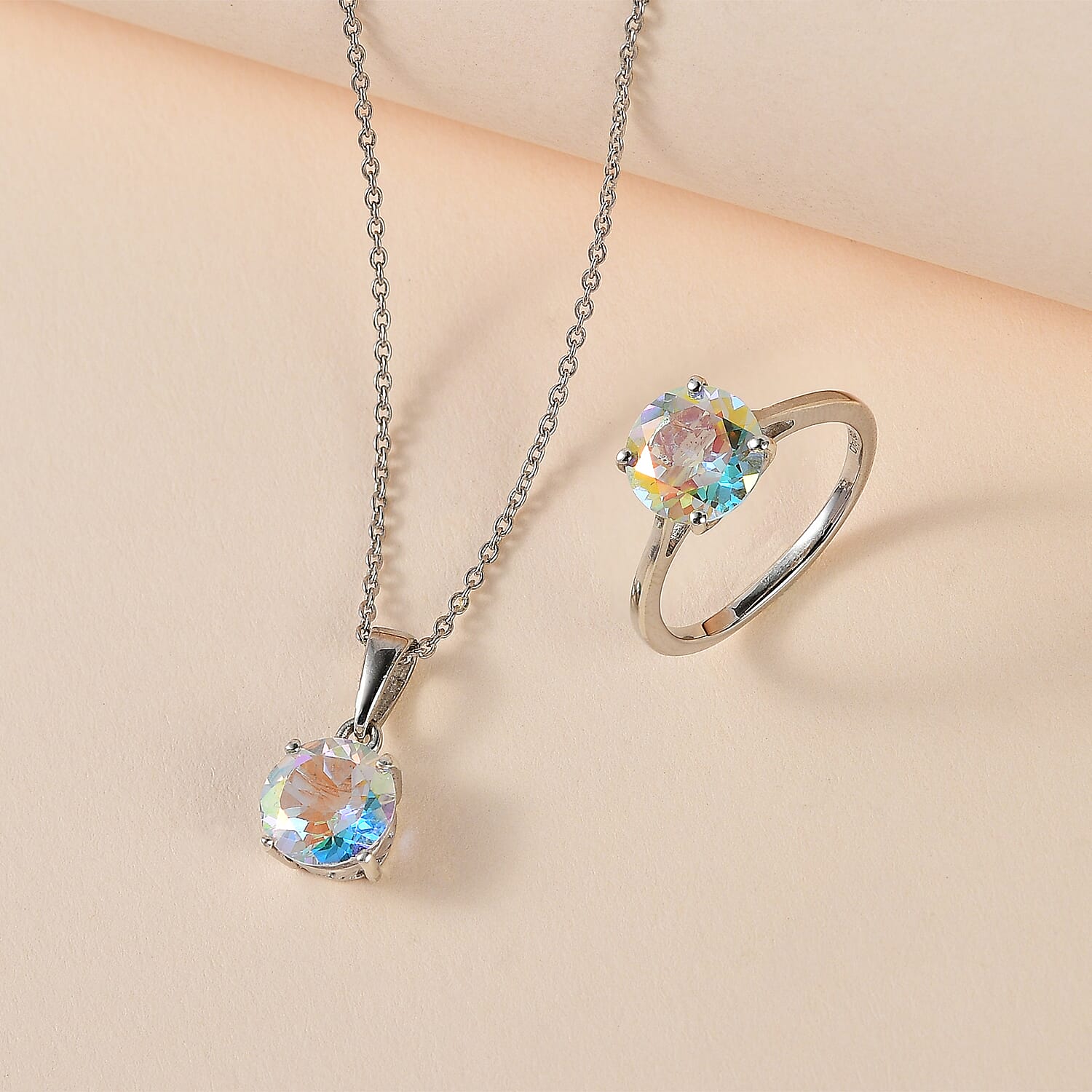 Mercury Mystic Topaz Solitaire Ring (Size 5.0) and Pendant Necklace 20 Inches in Platinum Over Sterling Silver 4.25 ctw