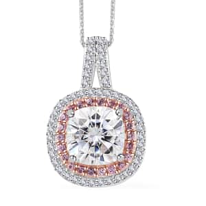 Moissanite and Madagascar Pink Sapphire Double Halo Pendant Necklace 20 Inches in Platinum Over Sterling Silver 4.30 ctw