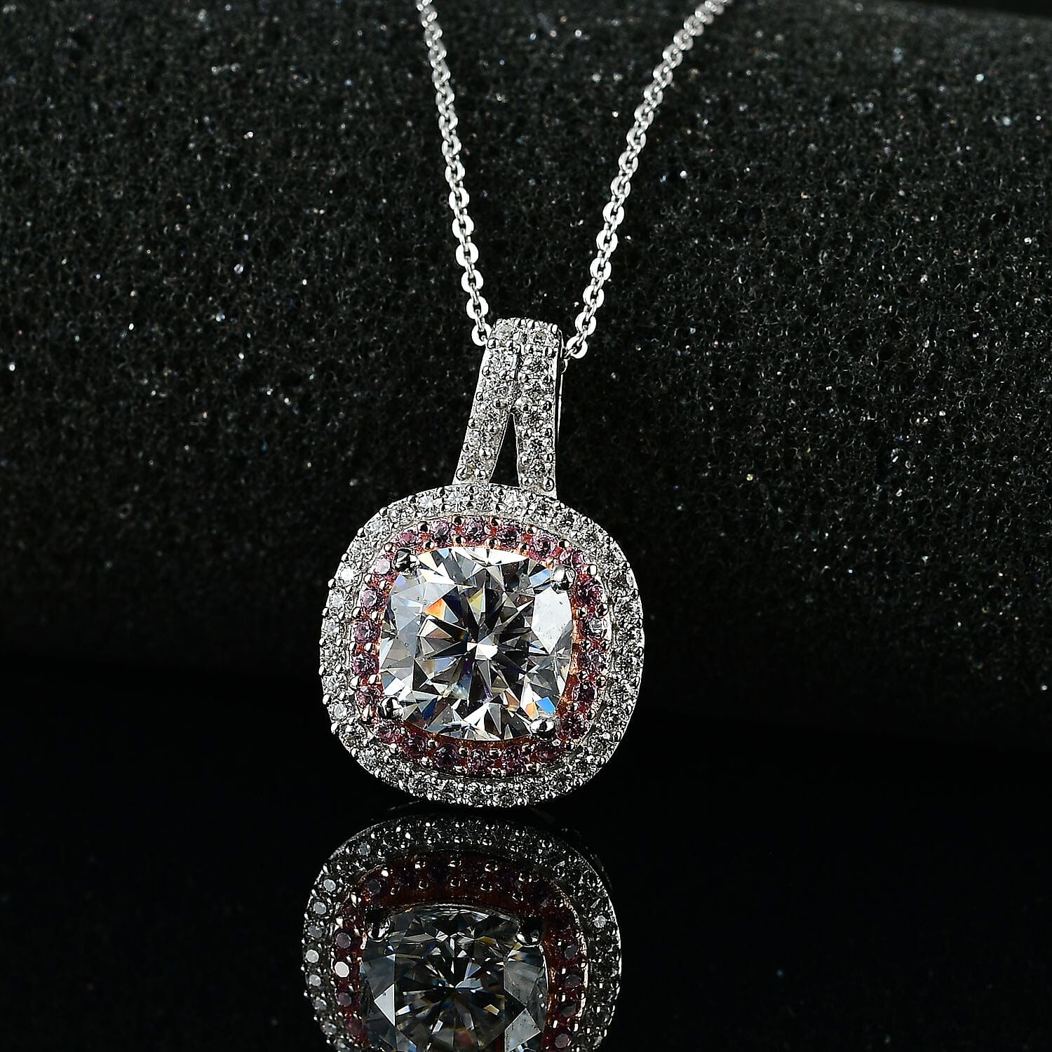 Moissanite and Madagascar Pink Sapphire Double Halo Pendant Necklace 20 Inches in Platinum Over Sterling Silver 4.30 ctw