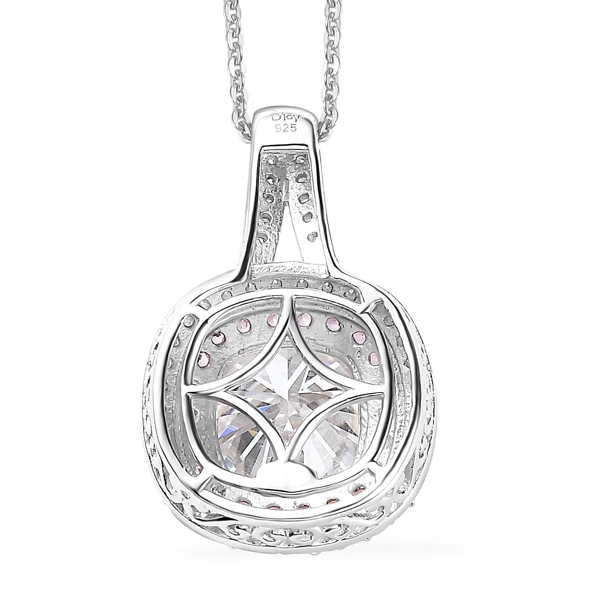 Moissanite and Madagascar Pink Sapphire Double Halo Pendant Necklace 20 Inches in Platinum Over Sterling Silver 4.30 ctw