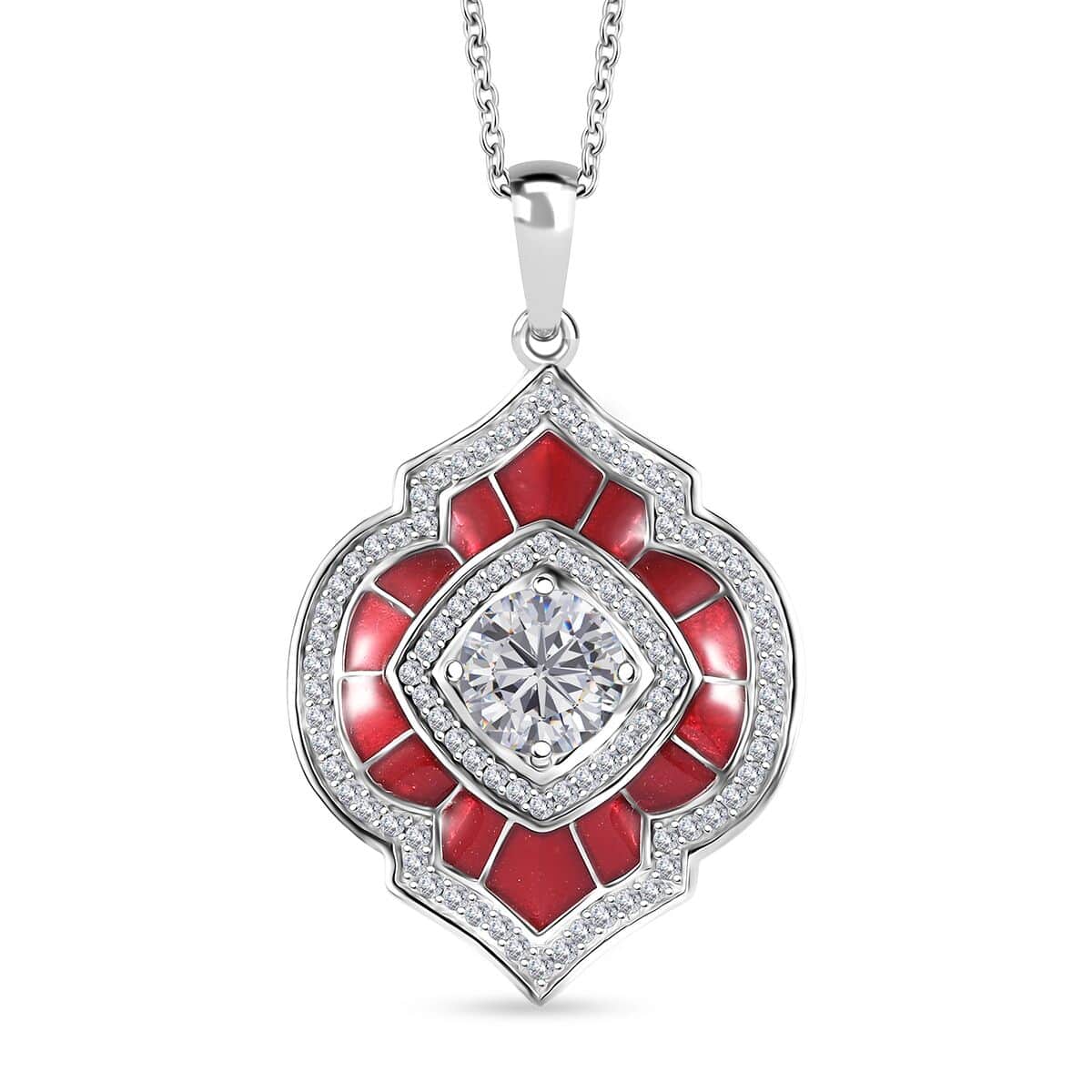 Moissanite 2.75 ctw and Red Enameled Pendant Necklace 20 Inches Platinum Over Sterling Silver image number 0