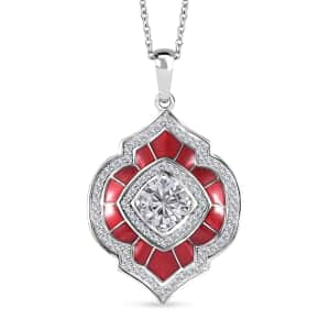 Moissanite 2.75 ctw and Red Enameled Pendant Necklace 20 Inches Platinum Over Sterling Silver