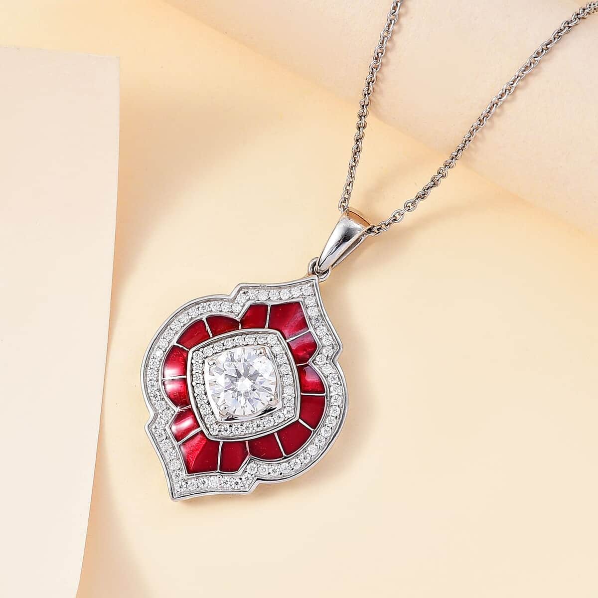 Moissanite 2.75 ctw and Red Enameled Pendant Necklace 20 Inches Platinum Over Sterling Silver image number 1