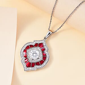 Moissanite 2.75 ctw and Red Enameled Pendant Necklace 20 Inches Platinum Over Sterling Silver