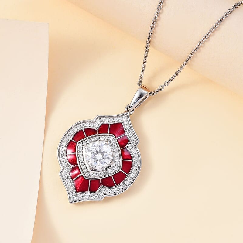 Moissanite 2.75 ctw and Red Enameled Pendant Necklace 20 Inches Platinum Over Sterling Silver
