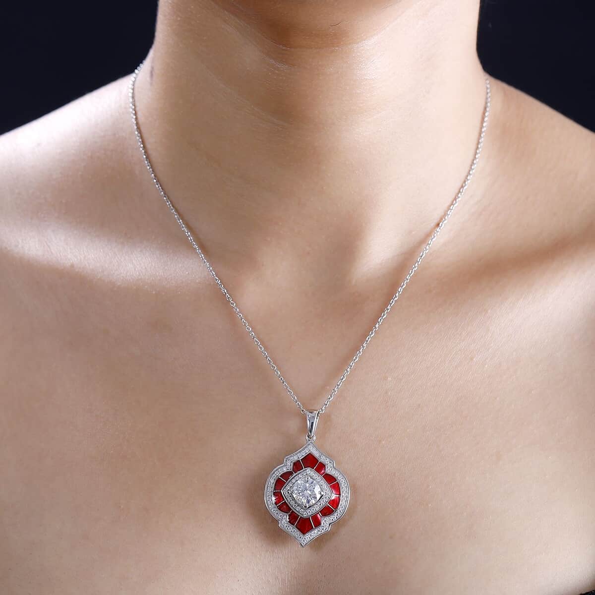 Moissanite 2.75 ctw and Red Enameled Pendant Necklace 20 Inches Platinum Over Sterling Silver image number 2