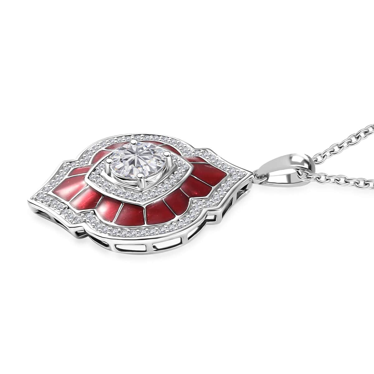 Moissanite 2.75 ctw and Red Enameled Pendant Necklace 20 Inches Platinum Over Sterling Silver image number 3